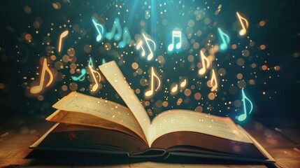 Canvas Print - Open Book with Music Notes in a Magical Atmosphere