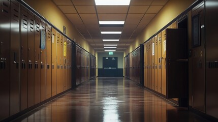 Poster - Brightly lit school hallway with rows of lockers, some slightly open with books peeking out,