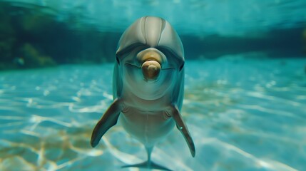 Wall Mural - Playful dolphin on a turquoise background 32k, full ultra HD, high resolution