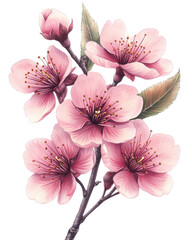 Sticker - Vibrant Pink Cherry Blossom Flowers with Delicate Petals and Green Leaves on Branch, Springtime Botanical Illustration