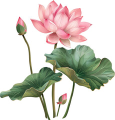 Wall Mural - A delicate pink lotus flower with two buds, surrounded by lush green leaves.