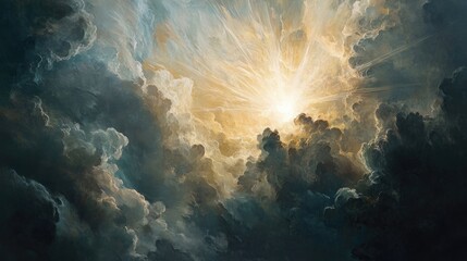 Wall Mural - Abstract depiction of light bursting through a dark cloud, representing the arrival of hope and belief