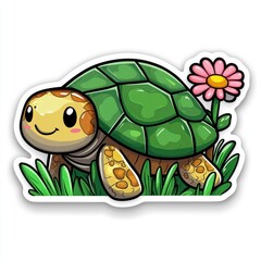 Wall Mural - Cute Cartoon Sea Turtle in Grass with Flower