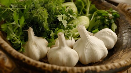 Aromatic garlic and fresh herbs