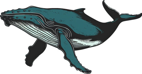 A hand-drawn illustration of a blue whale swimming through the ocean.