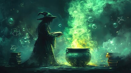 Wall Mural - Enigmatic Witch Brewing Potion in Cauldron Surrounded by Books and Magical Orbs