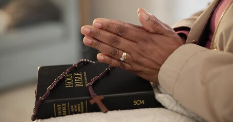 Wall Mural - Rosary, bible or hands of person praying for faith, studying religion or help in holy spiritual scripture. Christian literature, closeup or worship book for education on God or Jesus Christ in home