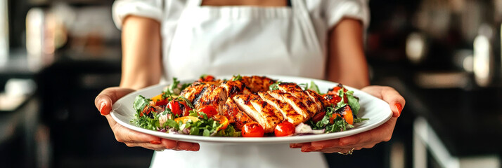 Wall Mural - Photo of a woman serving a plate of colourful salad and chicken. AI generative.