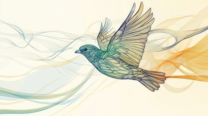 Wall Mural - artistic abstract line drawing of a bird in flight, with a calm, abstract background for text placem