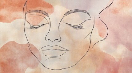 Wall Mural - artistic abstract line drawing of a face with closed eyes, set against a soft, pastel background for