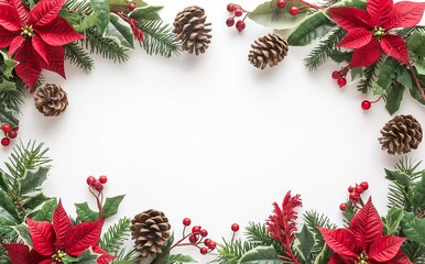 Christmas background with red poinsettia flowers pine cone 