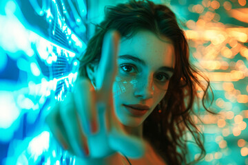 Wall Mural - young woman standing in front of interactive glass screen and touch interface for interacting with d