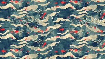 Wall Mural - bold patterns of waves and salmon create a lively abstract design in shades of blue and red