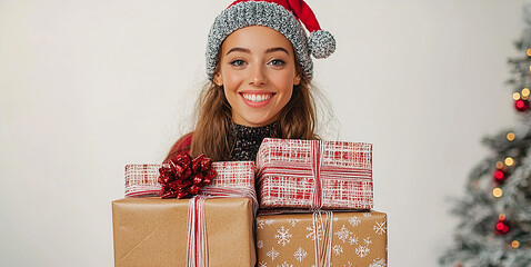 Poster - Smiling women holding Christmas present, looking at camera generated by AI