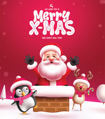 Wall Mural - christmas santa claus vector design. merry xmas greeting text with santa claus in chimney roof top, 