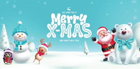Wall Mural - Merry xmas greeting card vector banner design. Christmas characters like santa claus, reindeer, snowman, polar bear and penguin in snow winter background. Vector illustration happy new year card