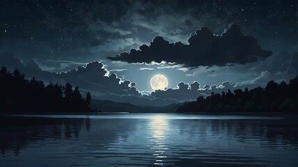 Wall Mural -  tranquil lake scene at night with a full moon