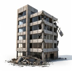 3D Render, Low Poly style of devastated office building with cracked facade and debris, on isolated white background