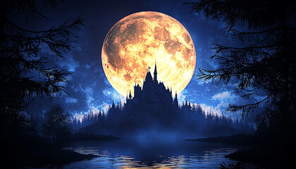 Wall Mural - moonlight shines on spooky forest, creating mysterious landscape generated by ai