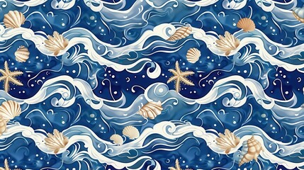 Wall Mural - colorful seashells and starfish float among swirling ocean waves on a deep blue backdrop