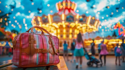 Sticker - Capture a travel bag at an amusement park, with colorful rides and joyful crowds in the background, ready for a day of fun.