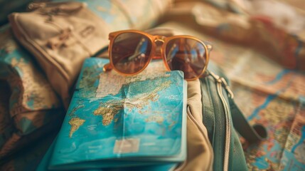 Wall Mural - Capture a travel bag packed with essential items for an adventurous trip, showing a glimpse of passports, maps, and sunglasses peeking out.