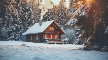 Wall Mural - Capture a traveler's cozy cabin in the woods, with smoke gently rising from the chimney and snow covering the ground.