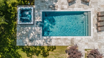 Wall Mural - Capture an aerial perspective of a pool with a hot tub or jacuzzi, offering a relaxing spot for soaking and unwinding.