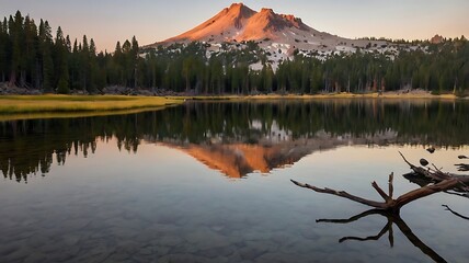 Wall Mural - large mountain with snow on its peak is reflected in a still lake