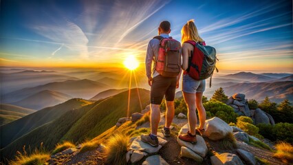 Young Couple Hiking mountain peak goal sunset achievement accomplishment  