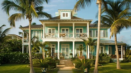 Poster - Capture the essence of a tropical home exterior with vibrant colors, palm trees, and a shaded veranda, showcasing a laid-back island lifestyle.