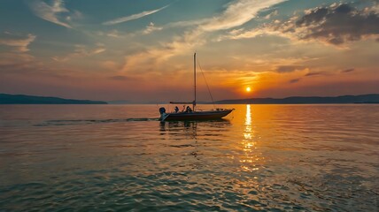 Wall Mural -  sailboat is on a body of water with a sunset