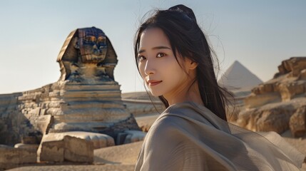 Poster - Capture the serene beauty of a Chinese woman with long black hair, dressed in an ancient gray cloak and standing before the majestic Sphinx at Giza.