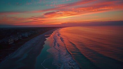 Canvas Print - Capture the vibrant colors of a sunset over the beach from an aerial perspective, with the sky painted in hues of orange and pink.