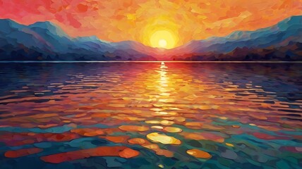 Wall Mural - vibrant sunset over a calm lake, with mountains 