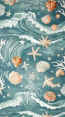 Wall Mural - a vibrant design showcases seashells, starfish, and waves in soothing ocean colors