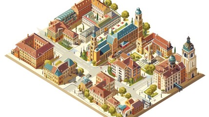 Wall Mural - An isometric depiction of a city's historical district with preserved buildings, museums, and cultural sites, reflecting the rich heritage.