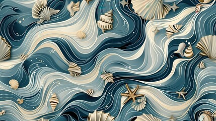 Wall Mural - swirling waves with seashells and starfish create a captivating underwater design