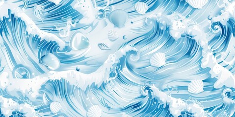 Wall Mural - beautiful swirling ocean waves with seashells in a serene blue pattern