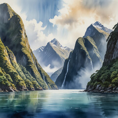 Wall Mural - Watercolor illustration of Milford Sound, capturing the dramatic fjord landscape. The scene showcase the towering Mitre Peak rising steeply from the deep blue waters of the sound