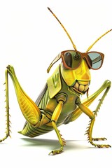 A 4D cartoon grasshopper with sunglasses enjoying  146 2748 grasshopper, insect, green, macro, locust, animal, nature, bug, cricket, isolated, white, grass, closeup, close-up, pest, antenna, hopper, w