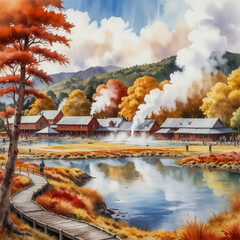 Wall Mural - Watercolor Illustrate the Whakarewarewa Thermal Village in Rotorua during the autumn season.