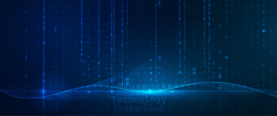 Leinwandbilder - Illustration vector abstract wave, flow line, motion pattern and particle dot on dark blue background. Modern futuristic, big data design for background. Digital datum, high tech, technology concept