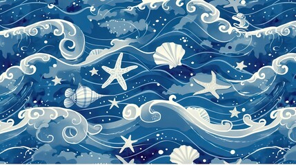 Wall Mural - beautiful illustration showcases flowing waves with starfish and shells amidst a soothing blue backg