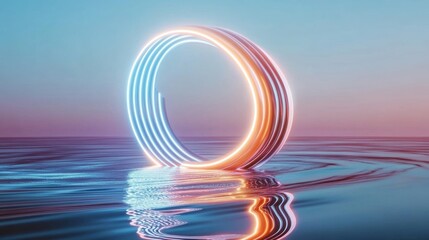 Wall Mural - a radiant circular light creates vibrant reflections on calm water at dusk