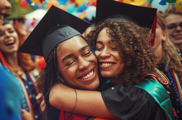 Wall Mural - Two young women hugging at their graduation ceremony, wearing caps and gowns with tassels, smiling joyfully in front of friends, family, and school board members