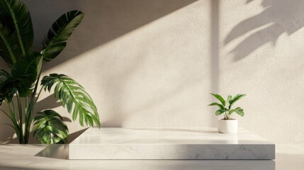 Wall Mural - the marble platform showcases tropical leaves and a small potted plant under gentle sunlight
