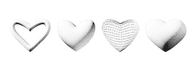 Wall Mural - Dotted 3d heart shape collection. Black stippled fade gradient heart set. Y2K dotwork grain grunge design element pack for banner, poster, decoration. Textured noise gritty form bundle. Vector