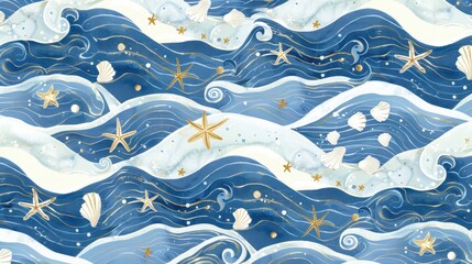 Wall Mural - waves gently intertwine with seashells and stars, creating a calming oceanic design