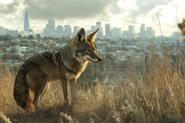 A coyote stands gracefully in a field, overlooking a stunning city skyline during golden hour, showcasing urban wildlife coexistence.